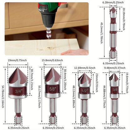 5PCS M35 Cobalt Countersink Drill Bit Set – 82° 5-Flute Hex Shank (1/4") for Metal, Wood & Precision Drilling with Holder