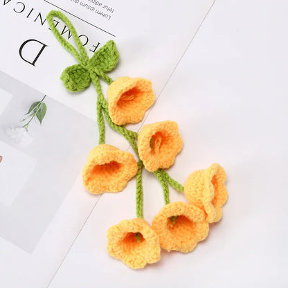 Handmade Crochet Bell Orchid in Pot – Knitted Artificial Flower with Light for Desktop & Easter 2025 Decor