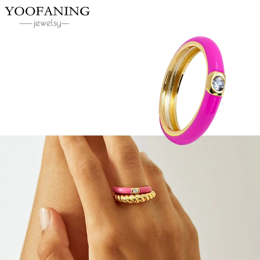 24K Gold-Plated & Silver Enamel Ring – Slim Round Women's Luxury Zircon CZ Ring in Green, Purple, Pink for Wedding & Anniversary
