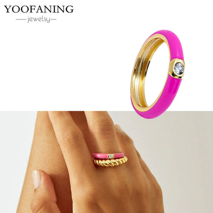 24K Gold-Plated & Silver Enamel Ring – Slim Round Women's Luxury Zircon CZ Ring in Green, Purple, Pink for Wedding & Anniversary
