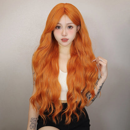 Long Orange Water Wave Wig for Women — Synthetic Wavy Hair with Bangs, Heat-Resistant for Cosplay & Party