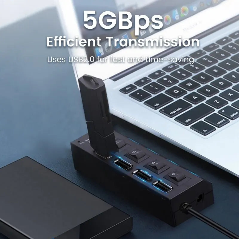 USB 2.0 Hub - Multi USB Splitter Ports Hub with Power Adapter - 4/7 Port Multiple Expander Hub with Switch - 30CM Cable for Home