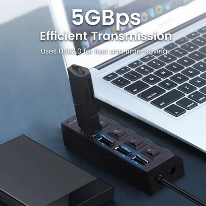 USB 2.0 Hub - Multi USB Splitter Ports Hub with Power Adapter - 4/7 Port Multiple Expander Hub with Switch - 30CM Cable for Home
