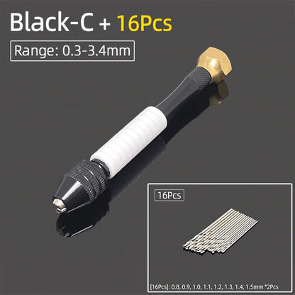 Mini Aluminum Hand Drill 0.3–3.4mm – Keyless Chuck Micro Rotary Tool with HSS Twist Drill Bit Set for Wood & DIY Crafts
