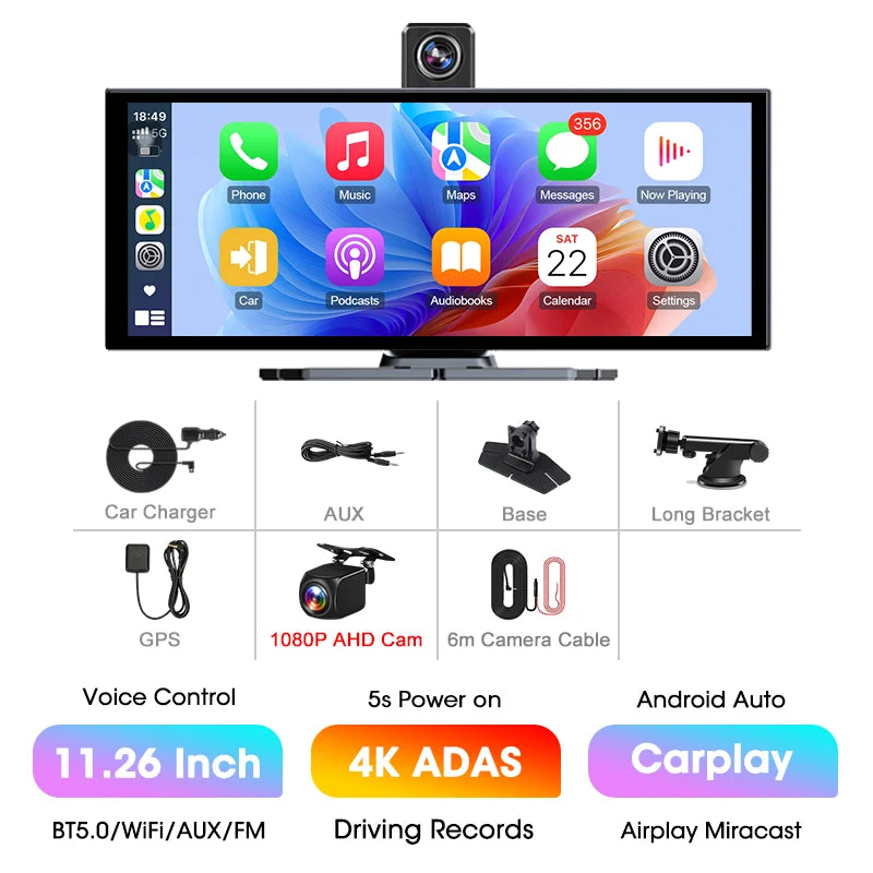 11.26” 4K ADAS Dash Cam Display – Wireless Android Auto & CarPlay Screen DVR with Dual Recording, Night Vision & FM Car System