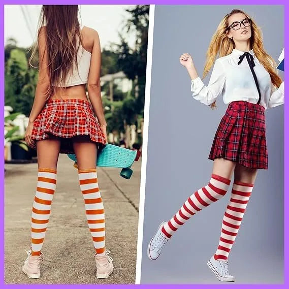 Stylish Knee-Length JK Striped Socks for Women & Girls – Multi-Color Cute Thigh-High Socks   1/2