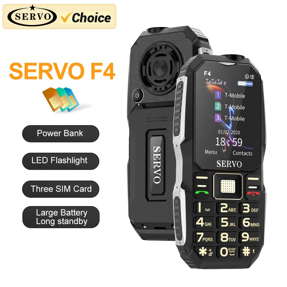 SERVO F4 Mobile Phone - Triple SIM Card, Magic Voice, Power Bank, Flashlight, FM Radio - Large Button GSM 2G Cellphone, Affordable Option for Elderly