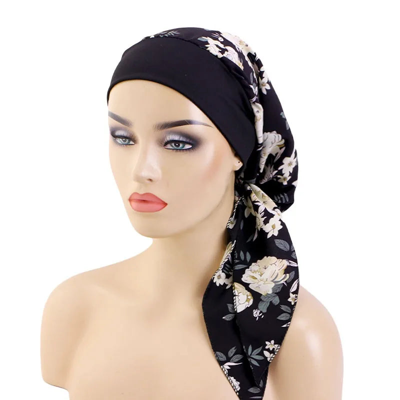 Women’s Pre-Tied Turban Cap – Muslim Hijab & Chemo Hair Loss Head Scarf with Flower Print Stretch Bandana