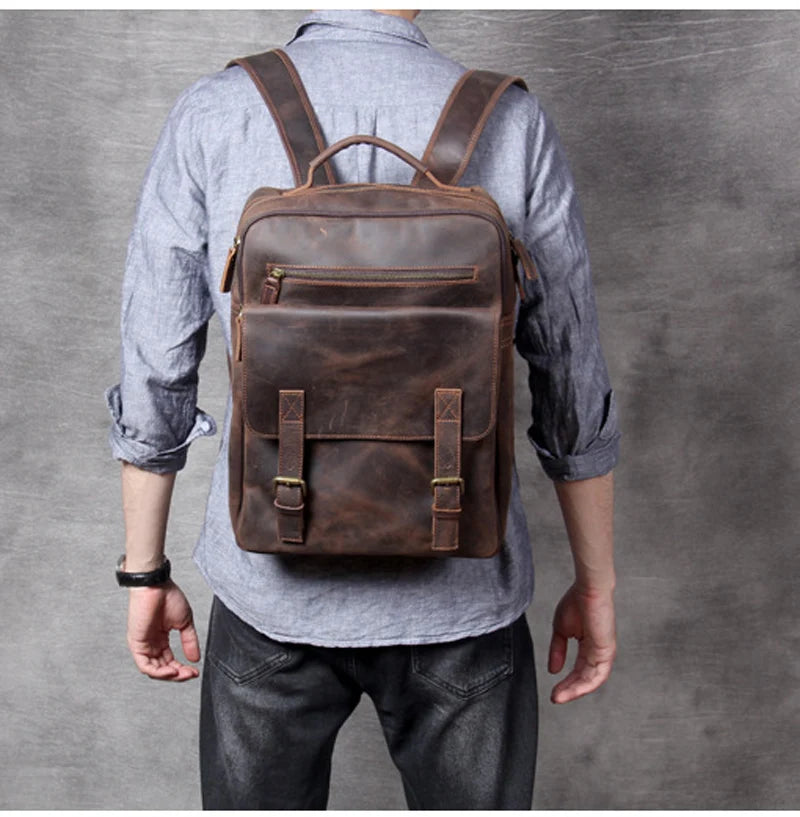 Vintage Crazy Horse Leather Backpack for Men — 17" Laptop Travel Rucksack Cowhide Hiking Bag M815