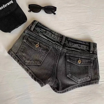 Vintage Women’s Denim Shorts – Low Waist Elastic Skinny Black & Grey Washed Summer Hot Jeans