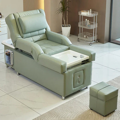 Modern Beauty Salon Shampoo Bed with Back Lift, Massage Headrest & Foot Spa Pedicure Station