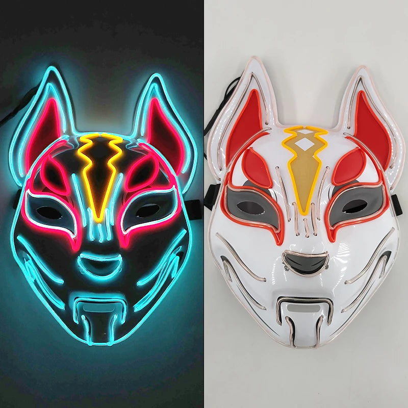 Glowing LED Fox Mask – Neon Japanese Anime-Inspired Samurai Cosplay Mask for Halloween, Christmas & Costume Parties
