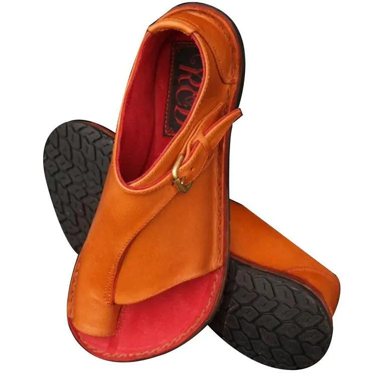Women’s Retro Summer Sandals 2025 – PU Leather Peep Toe Flat Beach Slippers with Buckle Strap, Casual Comfort Shoes