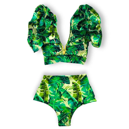 Sporlike V-Neck Ruffled Bikini Set – High Waist Sexy Printed Two-Piece Swimsuit for Women 2025