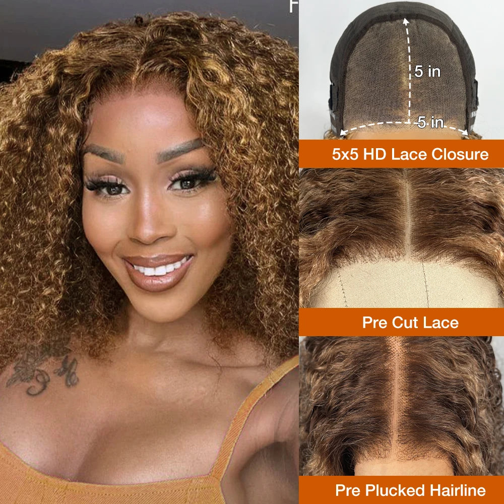 Deep Wave Honey Blonde Bob Wig — Glueless Human Hair Curly Wig, Pre-Plucked & Pre-Cut Ombre HD Lace Front, Highlight Wear-and-Go