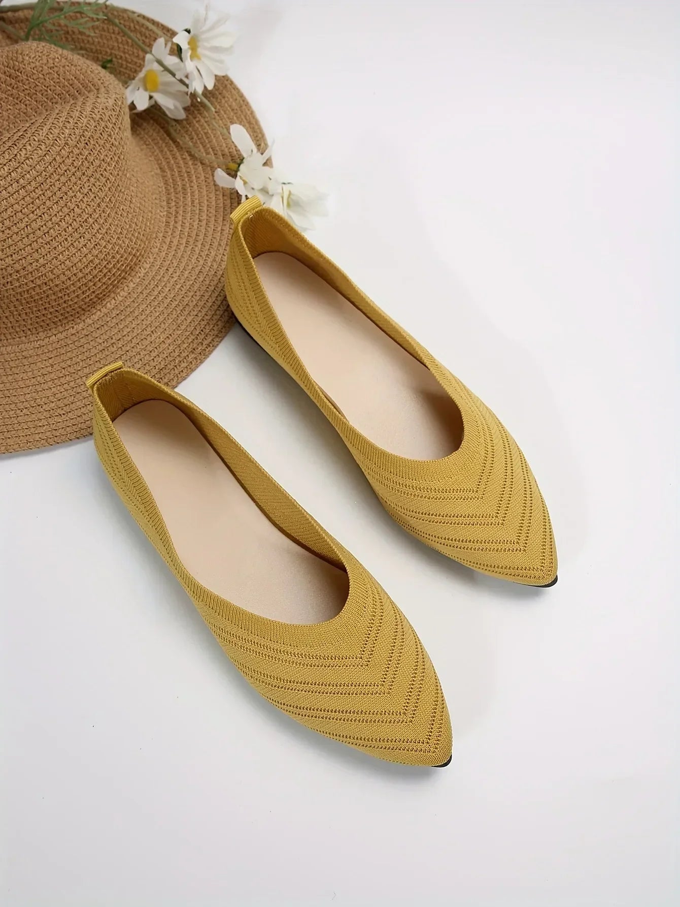 Women’s Pointed Toe Knitted Slip-On Flats – Solid Color Casual Breathable Ballet Loafers