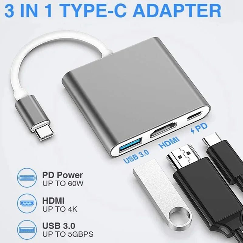 USB-C 3-in-1 HDMI Adapter Cable - 4K 1080P USB 3.0 & Type-C Converter for Thunderbolt 3 Devices