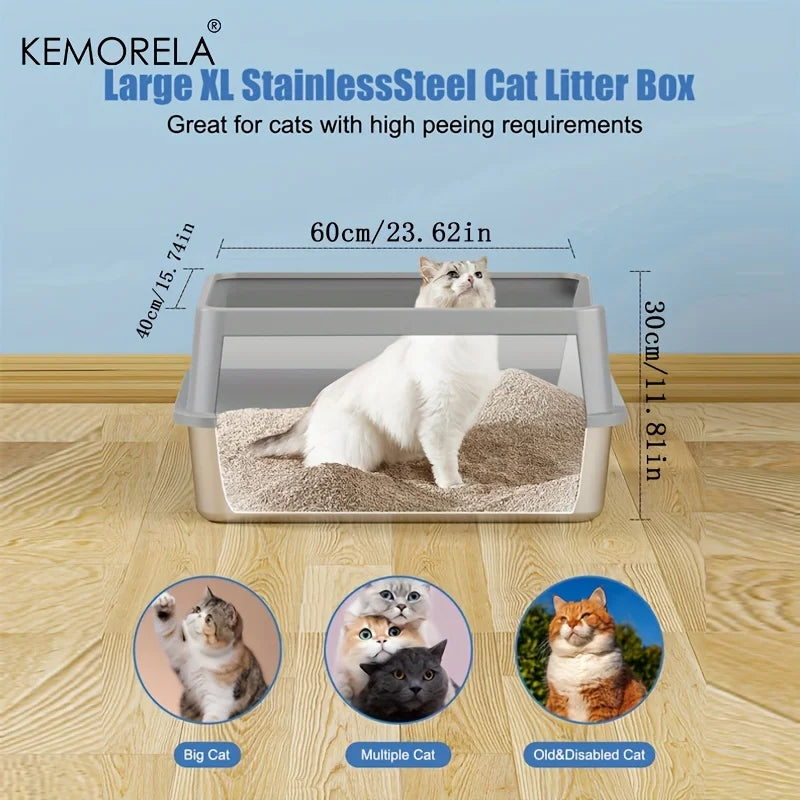 Super Large XL Stainless Steel Cat Litter Box with Lid – High Side Closed Design for Large & Small Cats, Includes Scoop