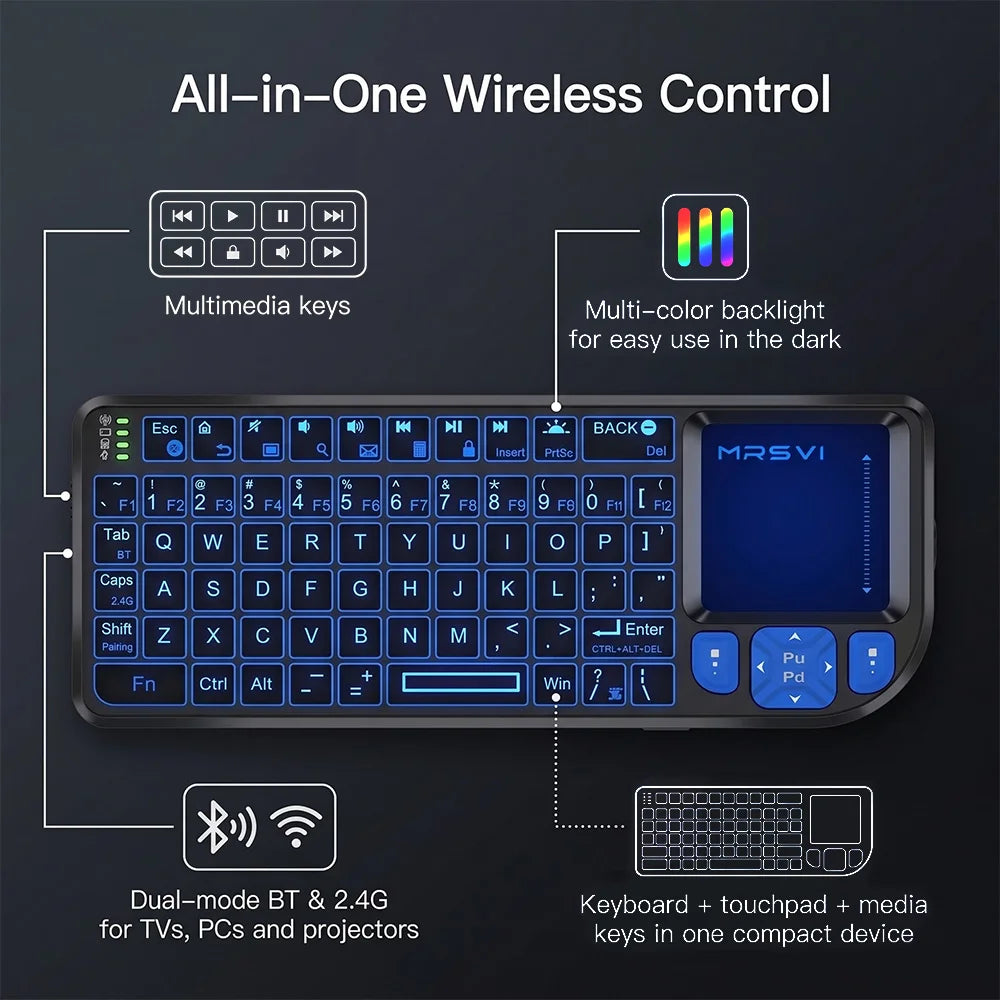 MRSVI A8 Plus Mini Wireless Keyboard - Backlit 2.4GHz & Bluetooth 5.0 Touchpad Keyboard for Android TV, Mac, Laptop & Windows