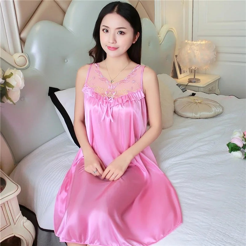 Midnite Star Women’s Ice Silk Sleepwear Set – V-Neck Lace Nightdress Pyjamas, Homewear Nightgown, Plus Size