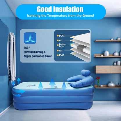Foldable Inflatable Bathtub for Adults: Travel Blue/Pink Spa Tub, 1.6m - Large Portable PVC Tub for Home & Swimming Pool Use