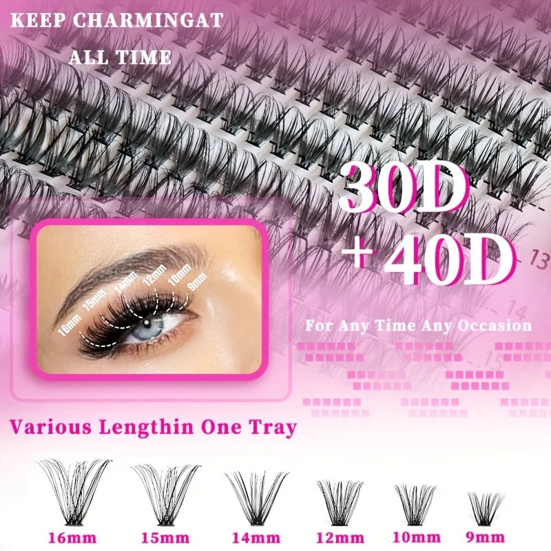 640Pcs Eyelash Extension Kit – D Curl 9-16mm Lash Clusters with Bond & Seal, Tweezers, and Brush