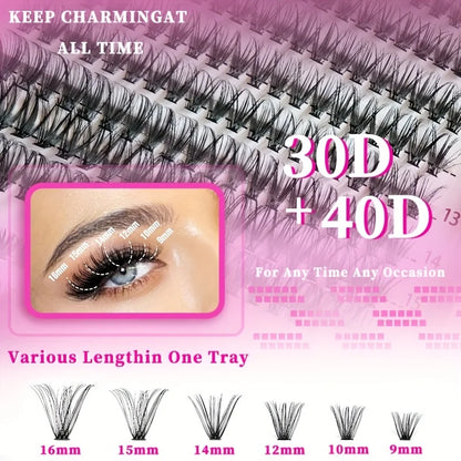 640Pcs Eyelash Extension Kit – D Curl 9-16mm Lash Clusters with Bond & Seal, Tweezers, and Brush