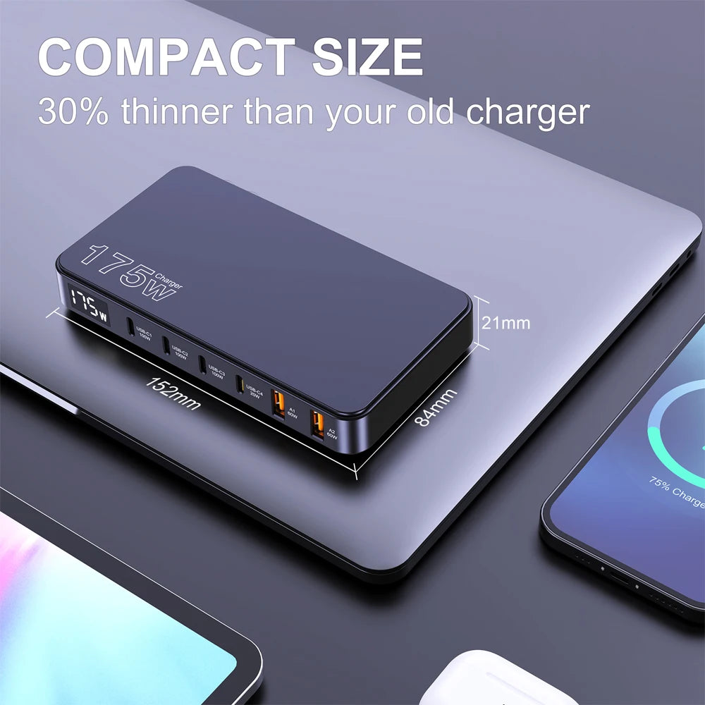 Ueetop 175W GaN USB-C Charger – 6-Port Desktop Charger with LED Display, PD 100W, PPS 45W Fast Charging for MacBook, Samsung, iPhone
