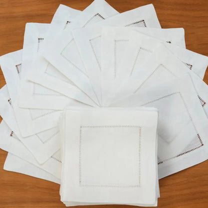 12PCS White Cocktail Napkins - Hemstitch Cotton Linen Dinner Napkins for Party & Wedding Table