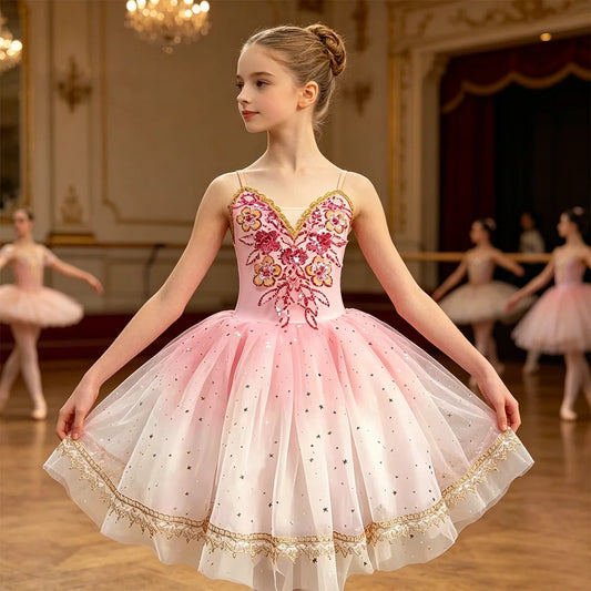 Girls' Ballet Costume - Pink Tulle Skirt with Sequin Flowers for Dance Performances