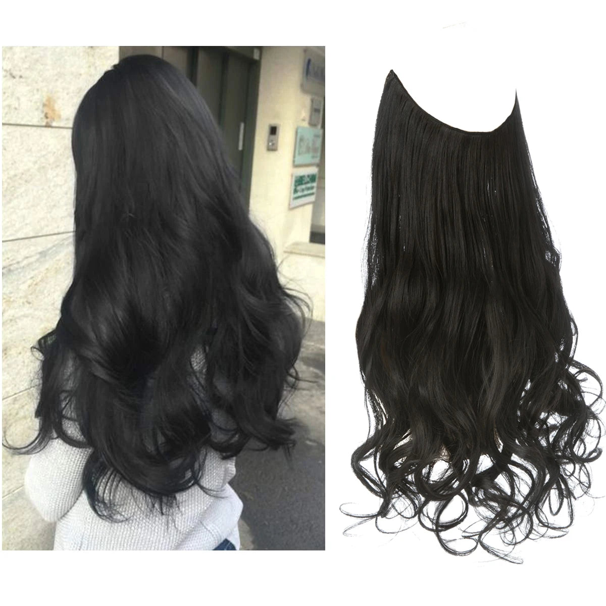 Synthetic Ombre Hair Extension - One Piece Invisible Wire Long Wavy Clipless False Hairpiece Black Blonde Pink