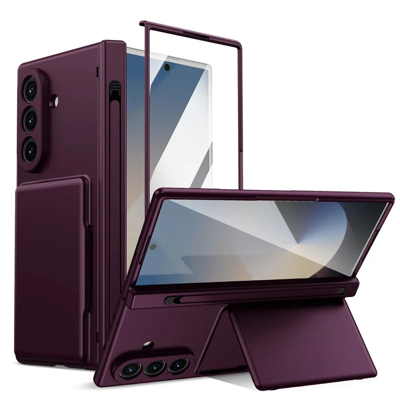 Samsung Galaxy Z Fold Series Hinge Wallet Case - Card Slots, S Pen Holder, Screen Protector Film, and Protective Cover for Fold 5, 6, 7, and 8