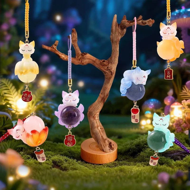 Nine-Tailed Fox Crystal Resin Pendant -  Good Luck Keychain, Car Decor & Mystery Box Ornament