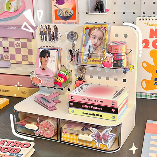 Kawaii Drawer Desk Organizer - Pegboard Card Display & Stationery Storage Rack