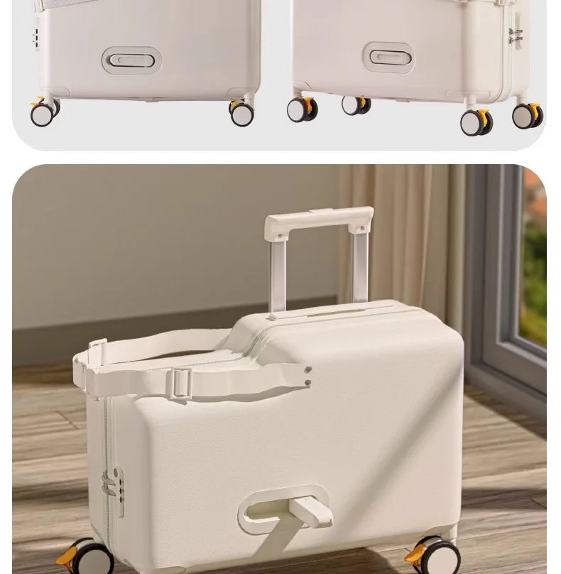 18-Inch Foldable Kids Suitcase with Seat – Lightweight PC Luggage for Boys & Girls, Compact Travel Pedal Boarding Case