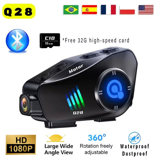 Q28 Motorcycle Helmet Bluetooth Headset — 1080P HD Wireless Camera with Super Wide-Angle Lens, WiFi, IP66 Waterproof Video Recorder