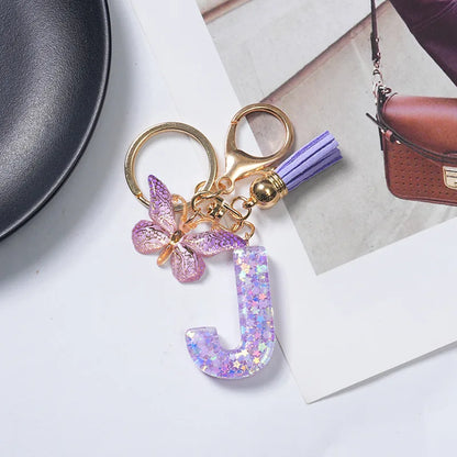 A-Z Initial Letter Sequin Keychain - Purple Butterfly Tassel Resin Keyring Backpack Charm Gift
