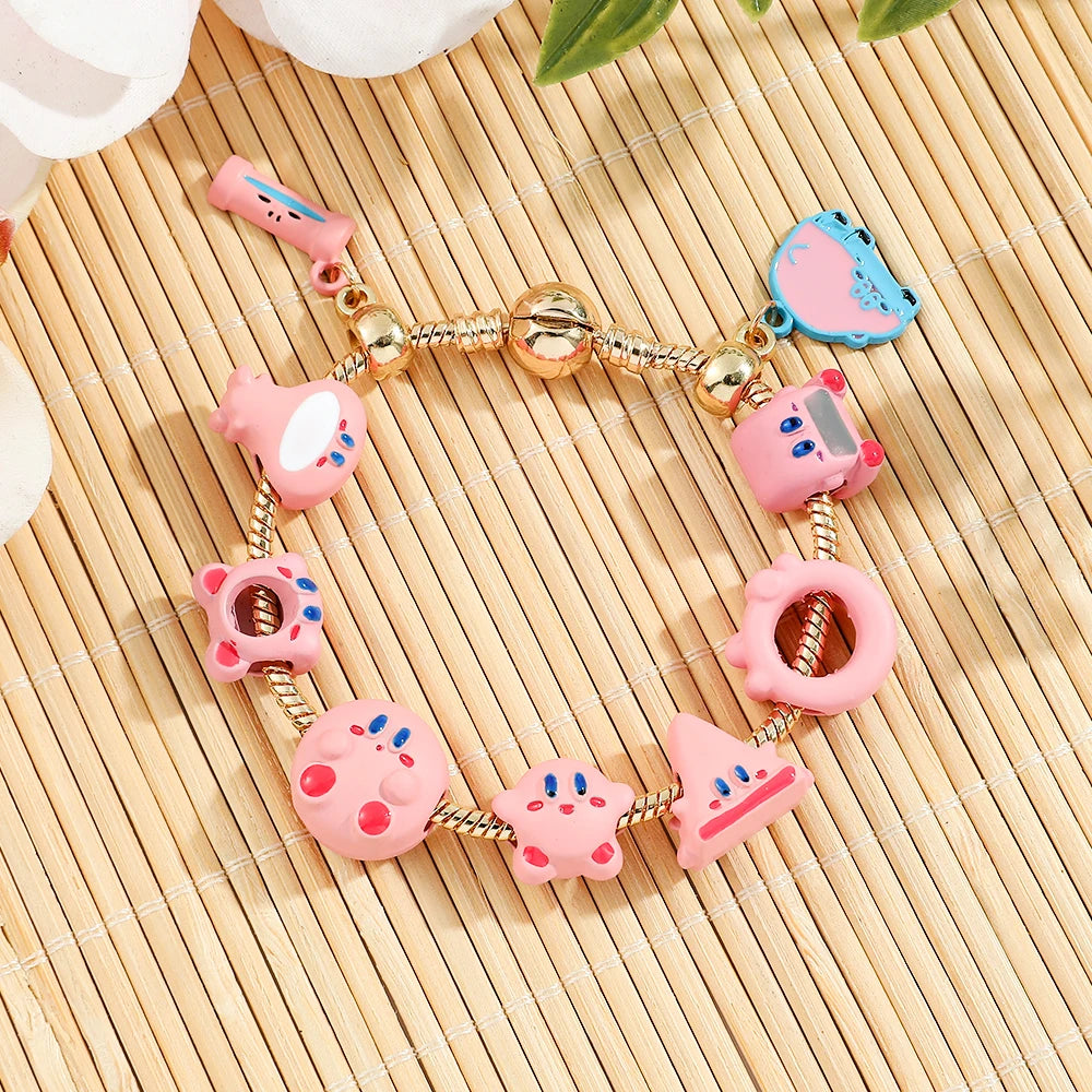 Pink Kirby Gold-Plated Charm Bangle Bracelet - Kawaii Anime Enamel Jewelry Accessory for Fans