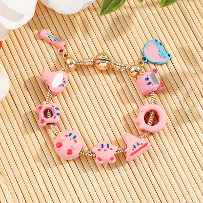 Pink Kirby Gold-Plated Charm Bangle Bracelet - Kawaii Anime Enamel Jewelry Accessory for Fans