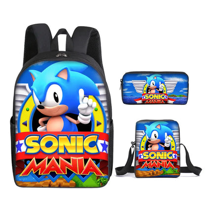3PC Sonic Backpack School Bag Set – Anime Cartoon Zipper Backpack for Boys & Girls, Primary and Middle School Students