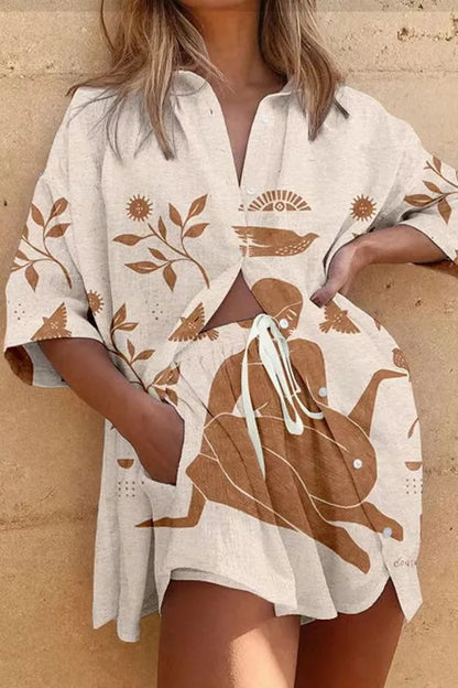 Women’s Summer 2-Piece Set – Lapel Short-Sleeve Shirt & Shorts, Elegant Loose Printed Outfit