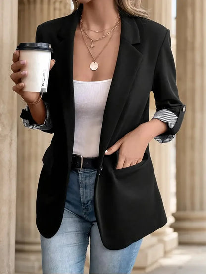 2025 Stylish Women's Casual Button-Up Suit Jacket – Slim Fit, Seven-Quarter Rolled Sleeves