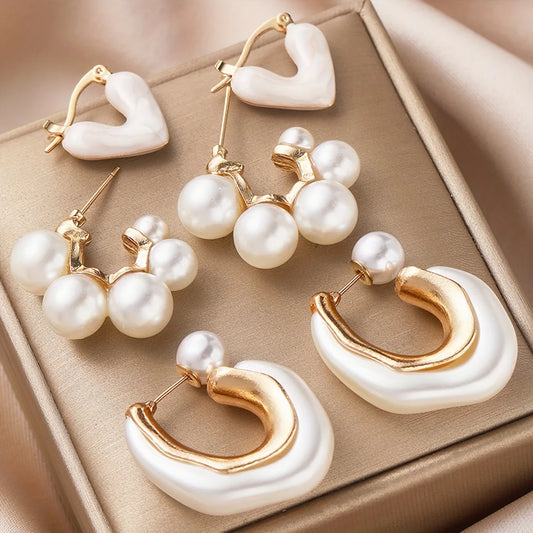 3-Piece Pearl Heart Hoop Earrings Set — Vintage Elegant Trendy Earrings for Women, Perfect Jewelry Gift