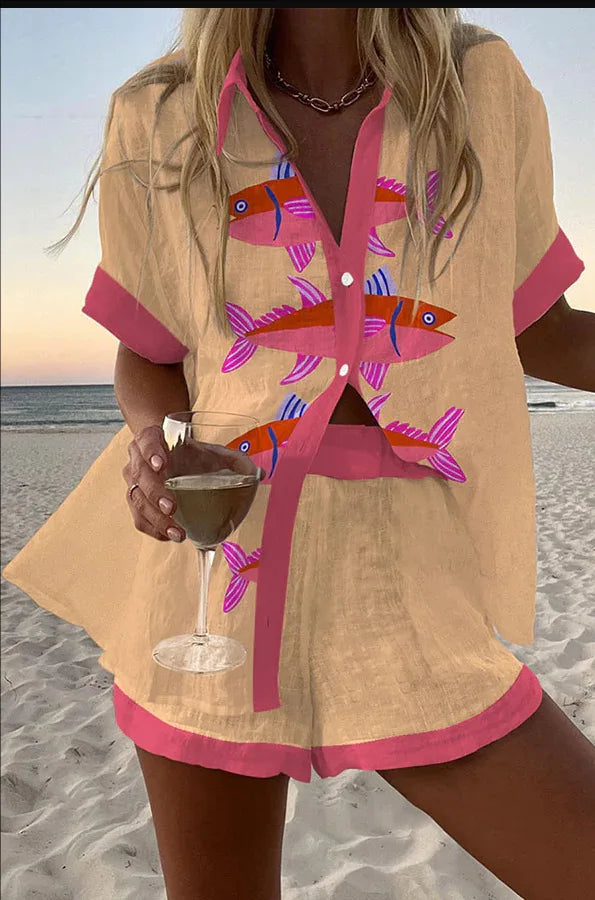 Women’s Summer 2-Piece Set – Lapel Short-Sleeve Shirt & Shorts, Elegant Loose Printed Outfit