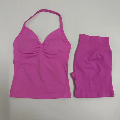 2-Piece Women’s Yoga Set – Seamless Longline Strappy Tank Top & Scrunch Sports Shorts, Summer Workout Gym Outfit