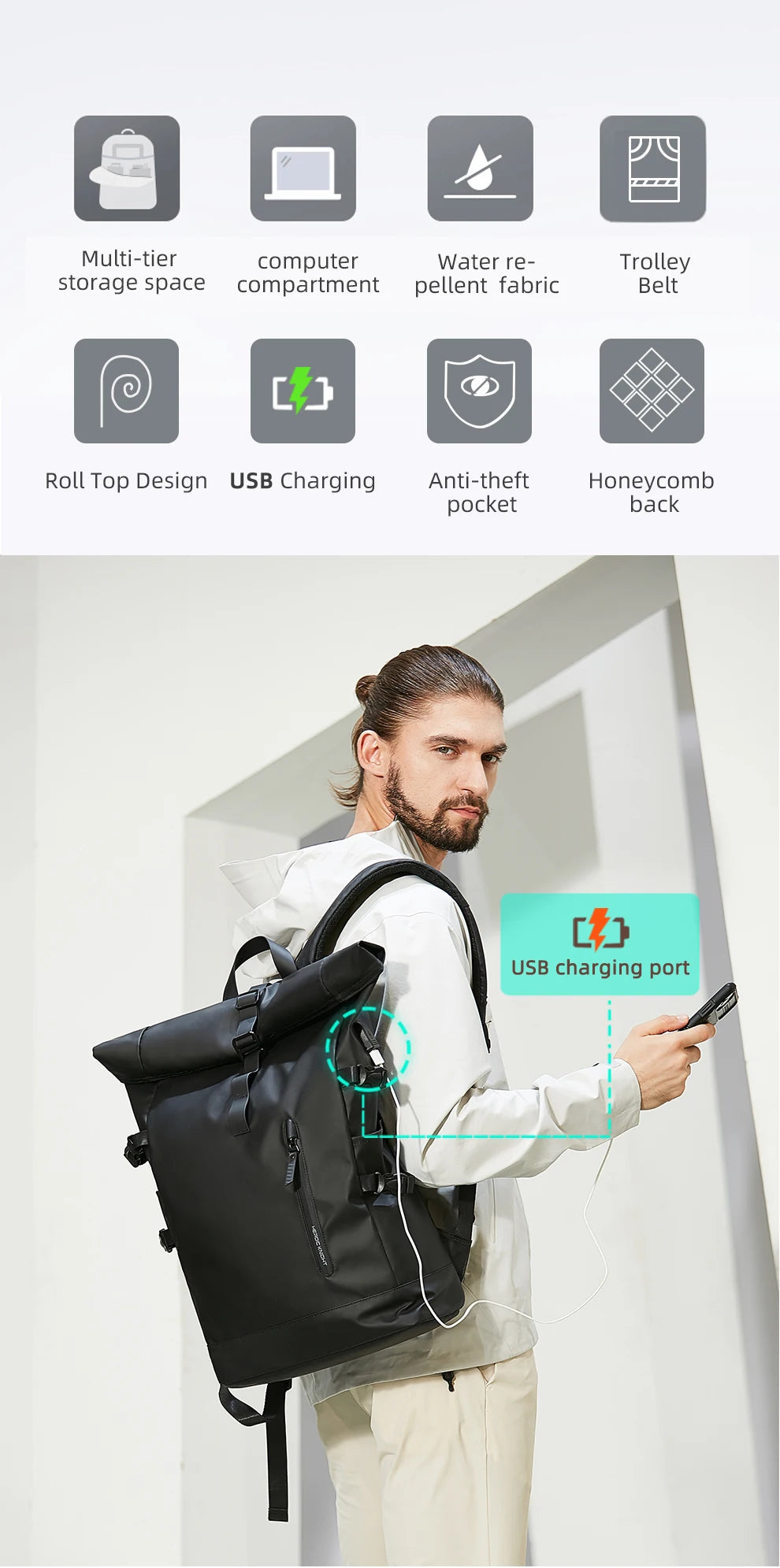 HK Expandable Travel Backpack for Men – Large Capacity Waterproof 15.6” Laptop Bag, Hiking Rucksack & Cycling Daypack with USB Port