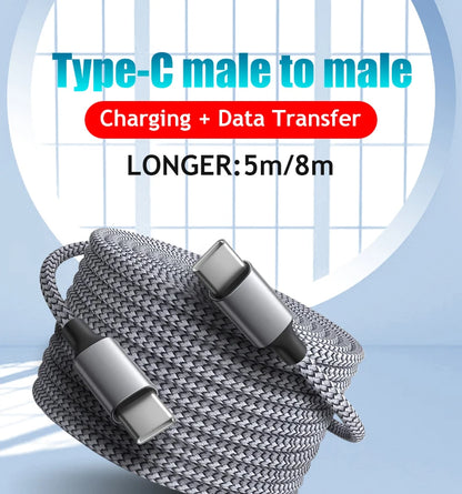 Type-C to Type-C PD 60W Fast Charging & Data Cable — 3M/5M/8M/10M Extension for iPhone 15 Pro Max, Huawei, Xiaomi, Samsung