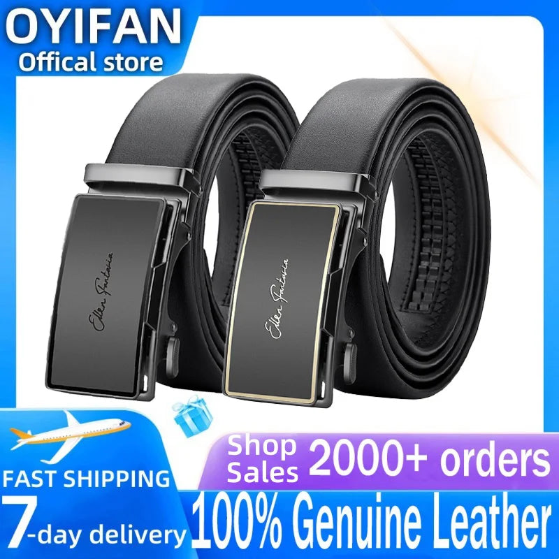 OYIFAN Men’s Genuine Leather Belt – Designer Alloy Buckle Automatic Ratchet Belt