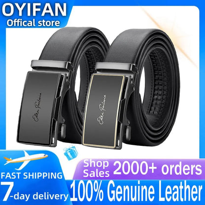 OYIFAN Men’s Genuine Leather Belt – Designer Alloy Buckle Automatic Ratchet Belt