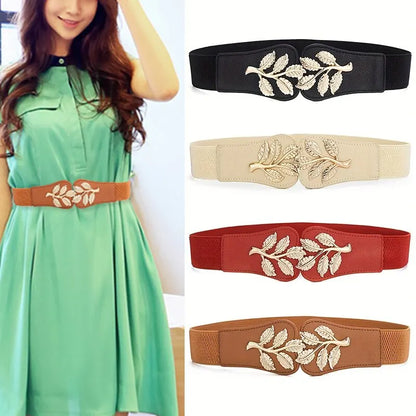 Women’s Wide Waist Belt – Gold Leaf Elastic with Double Hook Buckle, Fashionable Skirt Accessory